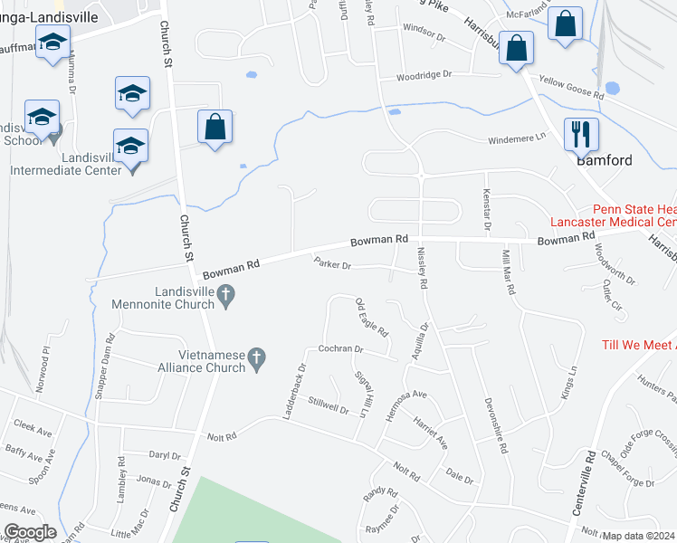 map of restaurants, bars, coffee shops, grocery stores, and more near 3166 Parker Drive in Lancaster