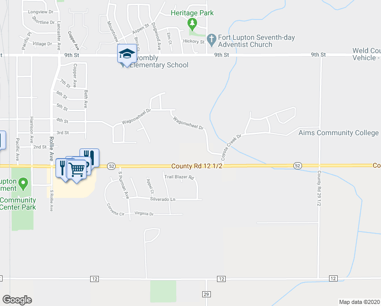 map of restaurants, bars, coffee shops, grocery stores, and more near 13877 State Highway 52 in Fort Lupton