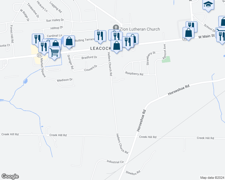 map of restaurants, bars, coffee shops, grocery stores, and more near 58 Hellers Church Road in Leacock-Leola-Bareville