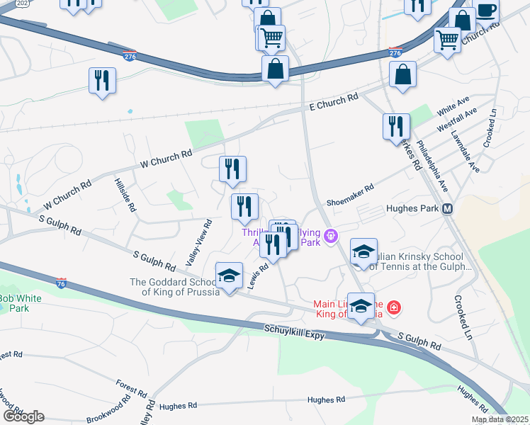 map of restaurants, bars, coffee shops, grocery stores, and more near 500 Wayne Drive in King of Prussia