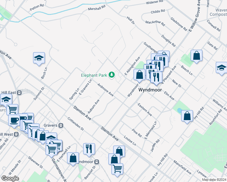 map of restaurants, bars, coffee shops, grocery stores, and more near 603 East Hartwell Lane in Wyndmoor