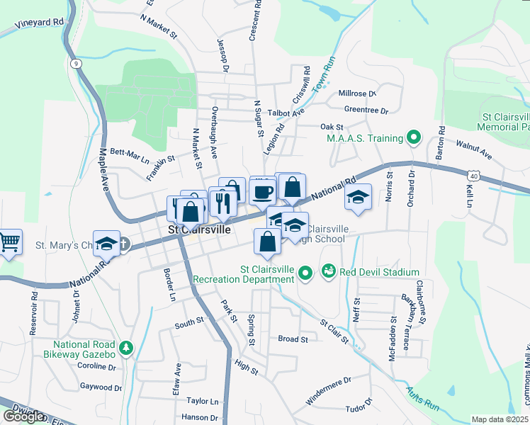 map of restaurants, bars, coffee shops, grocery stores, and more near 1 North Sugar Street in Saint Clairsville