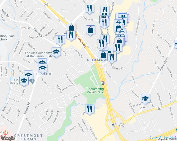 map of restaurants, bars, coffee shops, grocery stores, and more near 12036 Millbrook Road in Philadelphia