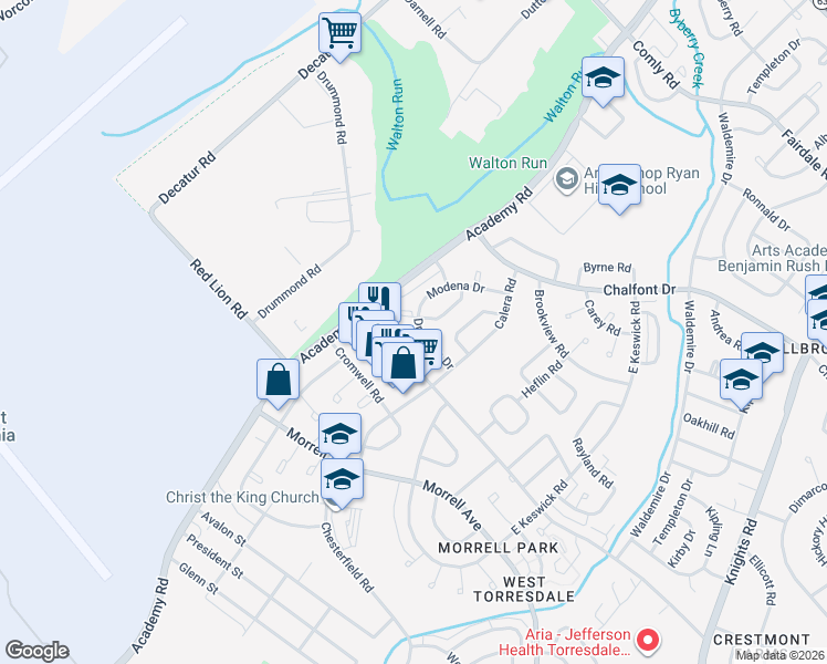 map of restaurants, bars, coffee shops, grocery stores, and more near 10802 Modena Terrace in Philadelphia