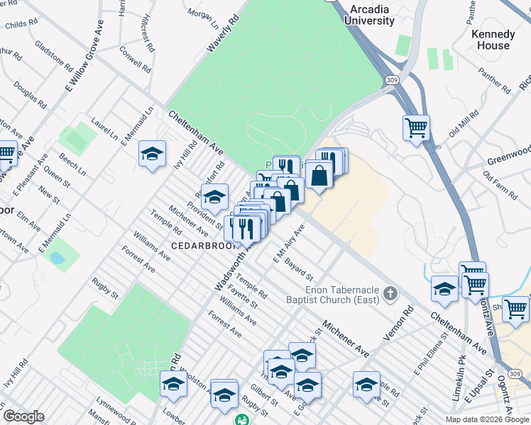map of restaurants, bars, coffee shops, grocery stores, and more near 1607 Wadsworth Avenue in Philadelphia