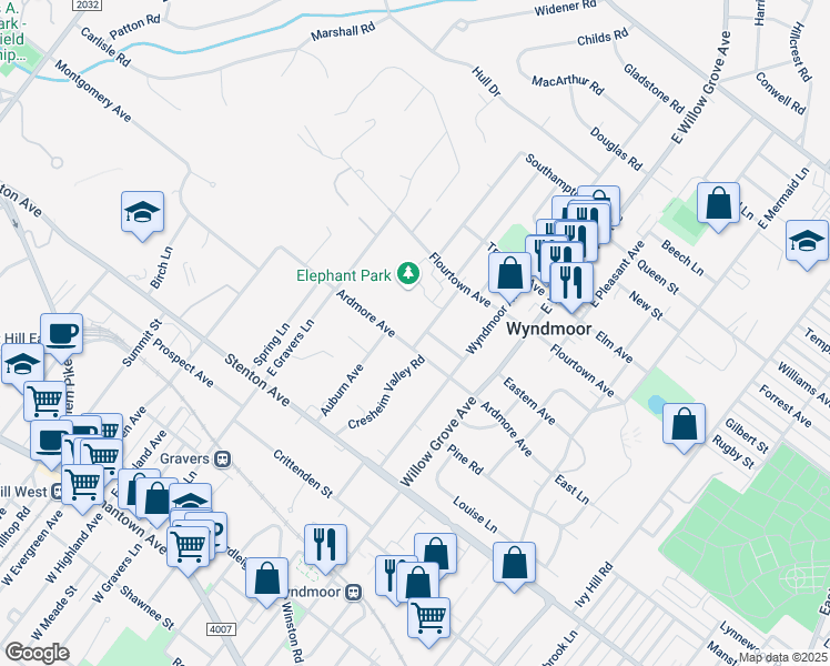 map of restaurants, bars, coffee shops, grocery stores, and more near 603 East Hartwell Lane in Wyndmoor