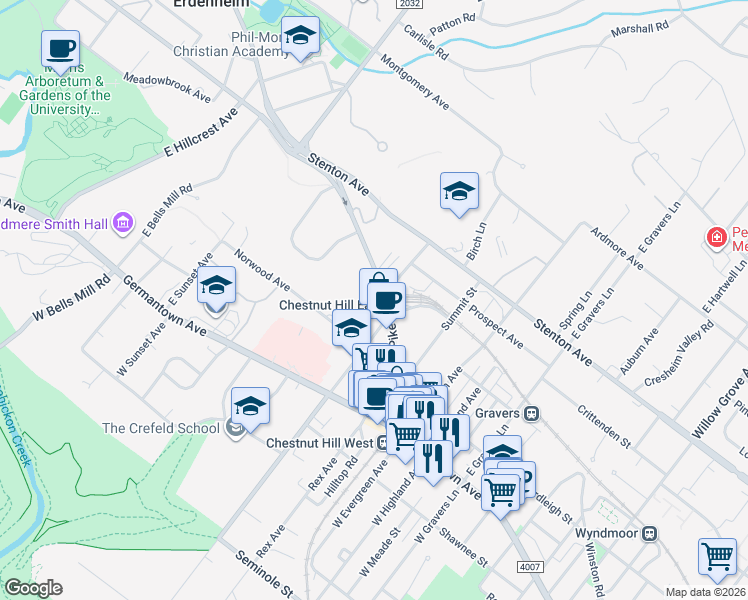 map of restaurants, bars, coffee shops, grocery stores, and more near 123 Bethlehem Pike in Philadelphia
