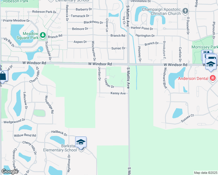 map of restaurants, bars, coffee shops, grocery stores, and more near 2507A Leeper Drive in Champaign
