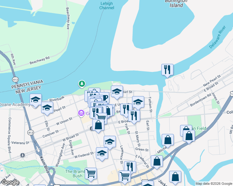 map of restaurants, bars, coffee shops, grocery stores, and more near 213 East Pearl Street in Burlington
