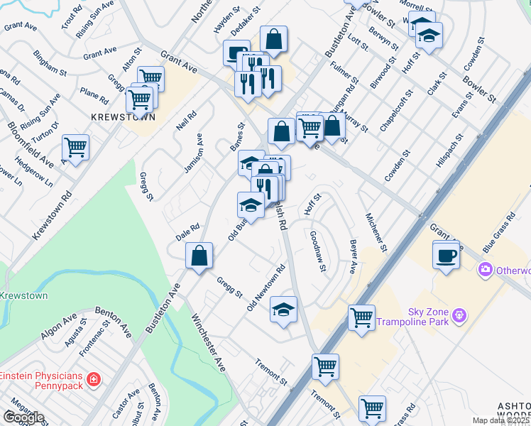 map of restaurants, bars, coffee shops, grocery stores, and more near 9304 Old Bustleton Avenue in Philadelphia
