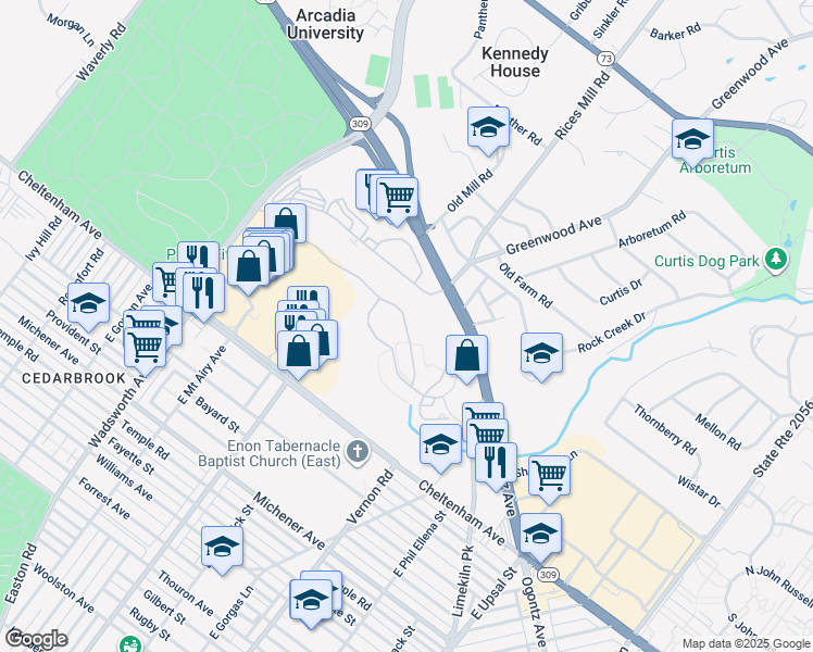 map of restaurants, bars, coffee shops, grocery stores, and more near 58 Old Cedarbrook Road in Wyncote