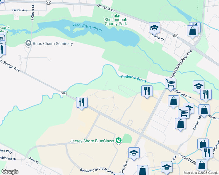map of restaurants, bars, coffee shops, grocery stores, and more near 19 Shenandoah Drive in Lakewood