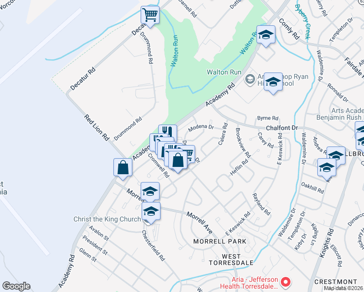 map of restaurants, bars, coffee shops, grocery stores, and more near 10802 Modena Terrace in Philadelphia