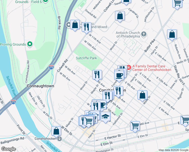 map of restaurants, bars, coffee shops, grocery stores, and more near 236 West 7th Avenue in Conshohocken
