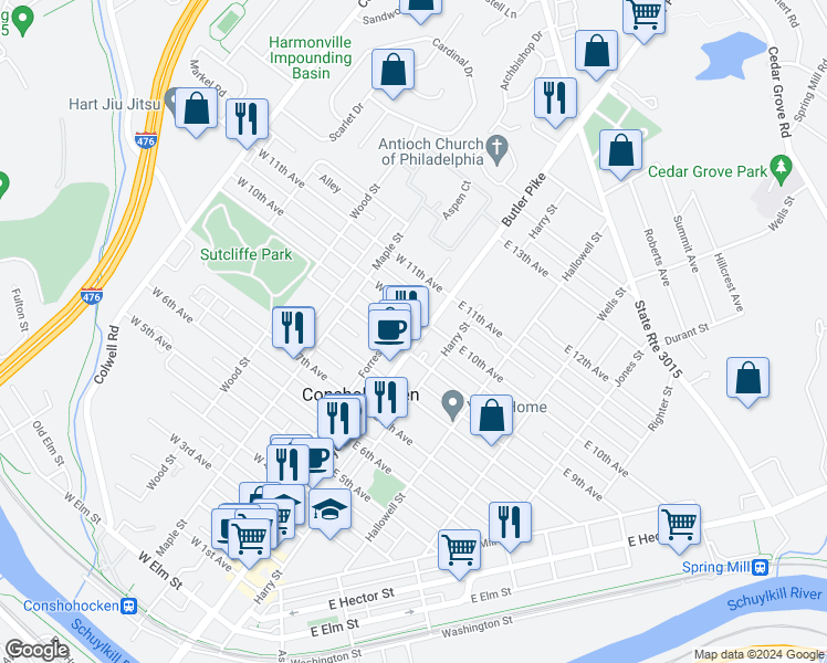 map of restaurants, bars, coffee shops, grocery stores, and more near 918 Fayette Street in Conshohocken