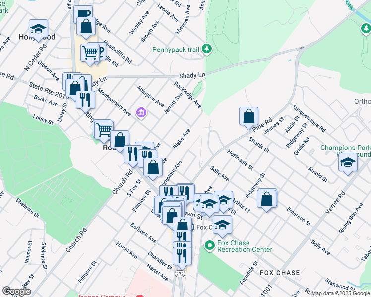 map of restaurants, bars, coffee shops, grocery stores, and more near 8200 Burholme Avenue in Philadelphia
