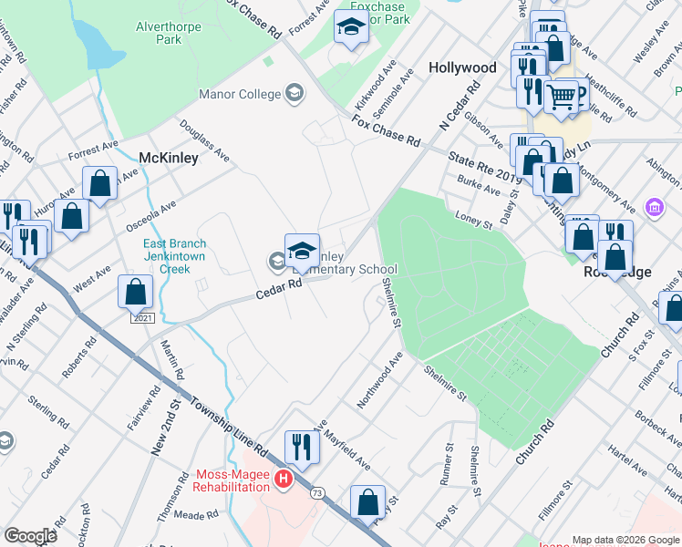 map of restaurants, bars, coffee shops, grocery stores, and more near 418 Cedarwood Lane in Elkins Park