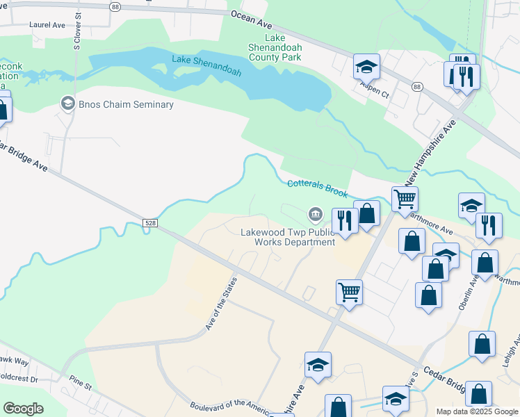 map of restaurants, bars, coffee shops, grocery stores, and more near 19 Shenandoah Drive in Lakewood