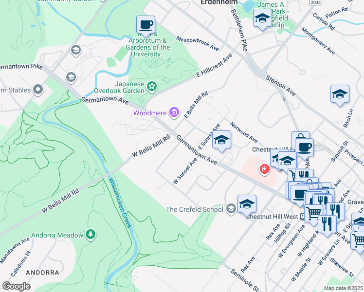 map of restaurants, bars, coffee shops, grocery stores, and more near 4 West Hampton Road in Philadelphia