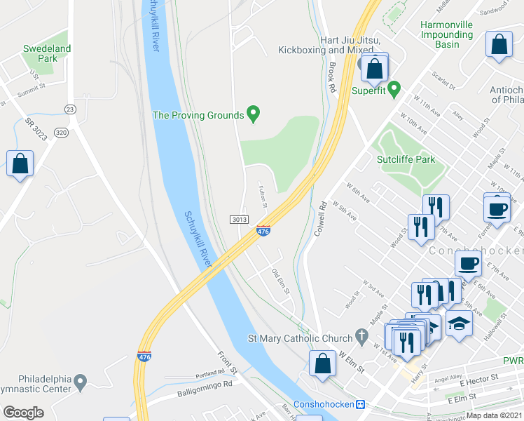 map of restaurants, bars, coffee shops, grocery stores, and more near 626 Fulton Street in Conshohocken