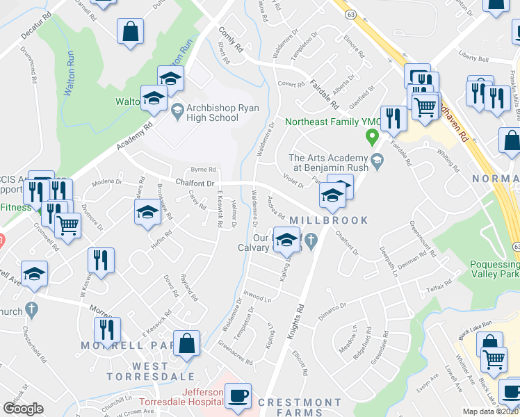map of restaurants, bars, coffee shops, grocery stores, and more near 11073 Waldemire Drive in Philadelphia