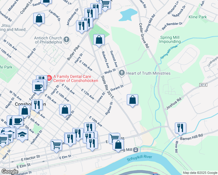 map of restaurants, bars, coffee shops, grocery stores, and more near 358 Conshohocken Road in Conshohocken