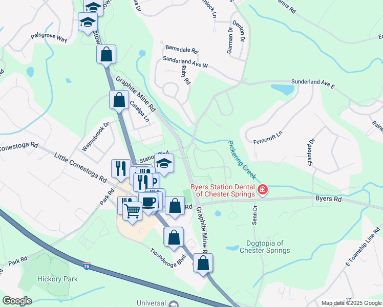 map of restaurants, bars, coffee shops, grocery stores, and more near 12 Granite Lane in Chester Springs
