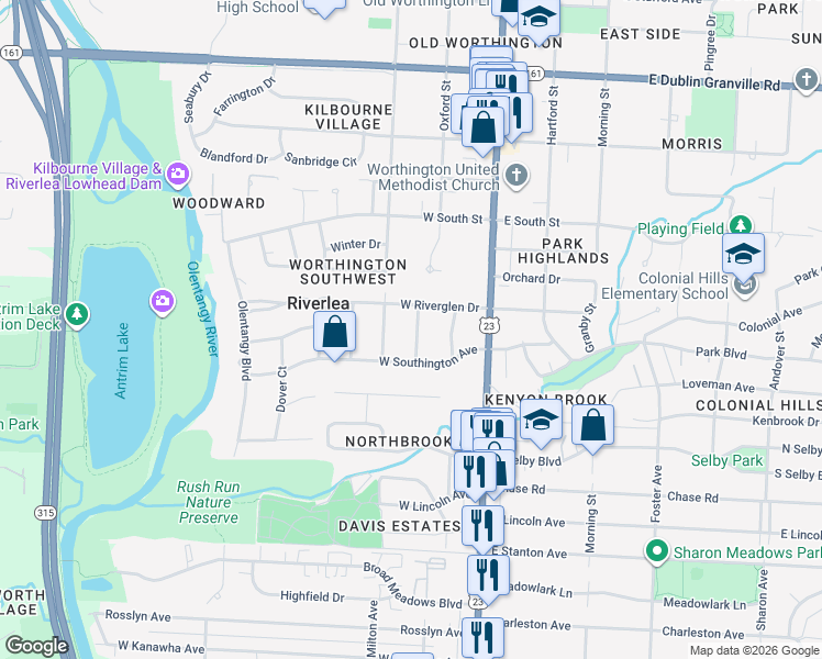 map of restaurants, bars, coffee shops, grocery stores, and more near 127 West Riverglen Drive in Worthington