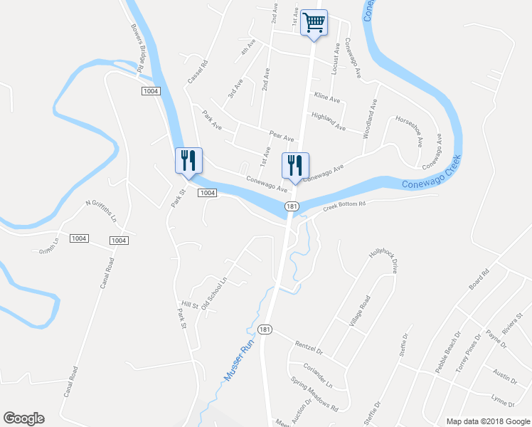 map of restaurants, bars, coffee shops, grocery stores, and more near 1860 Conewago Creek Road in Manchester