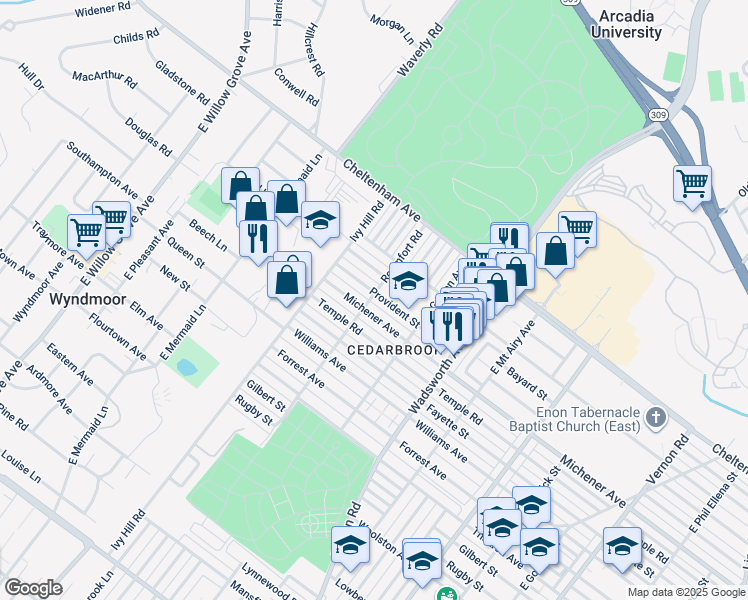 map of restaurants, bars, coffee shops, grocery stores, and more near 8566 Provident Road in Philadelphia