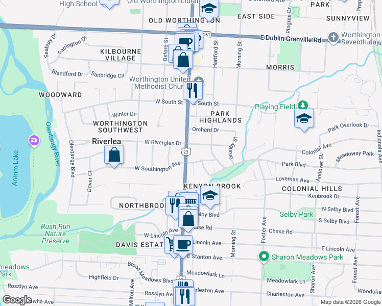 map of restaurants, bars, coffee shops, grocery stores, and more near 27 East Riverglen Drive in Worthington