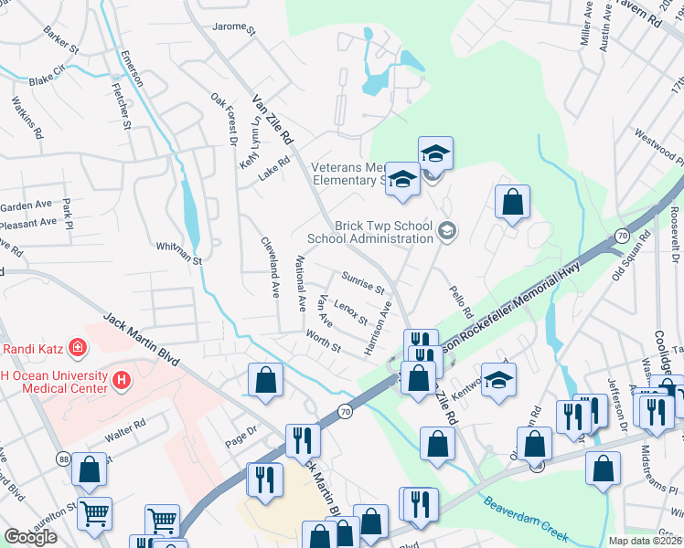 map of restaurants, bars, coffee shops, grocery stores, and more near 229 Sunrise Street in Brick Township