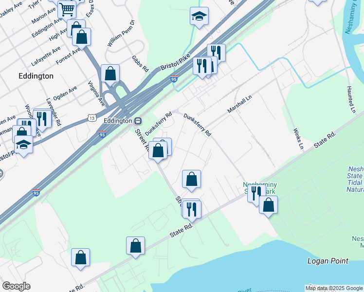 map of restaurants, bars, coffee shops, grocery stores, and more near 675 Center Avenue in Bensalem