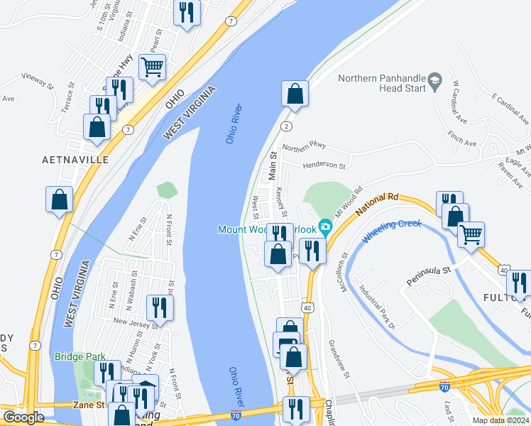 map of restaurants, bars, coffee shops, grocery stores, and more near 305 Kenney Street in Wheeling