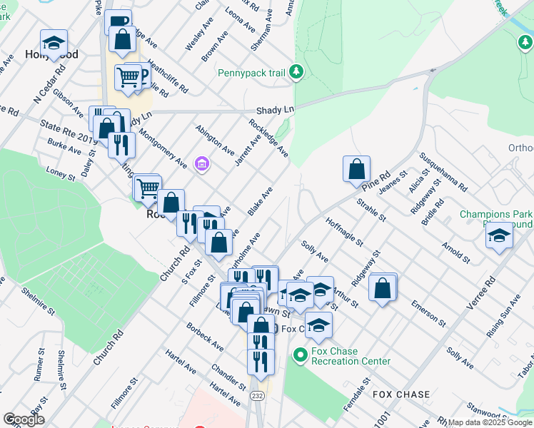 map of restaurants, bars, coffee shops, grocery stores, and more near 8200 Burholme Avenue in Philadelphia