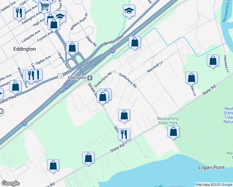 map of restaurants, bars, coffee shops, grocery stores, and more near 675 Center Avenue in Bensalem
