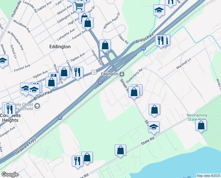 map of restaurants, bars, coffee shops, grocery stores, and more near 1326 Louis Drive in Bensalem
