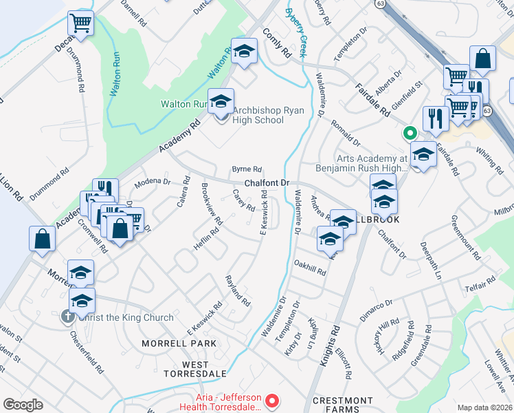map of restaurants, bars, coffee shops, grocery stores, and more near 10930 Carey Plaza in Philadelphia