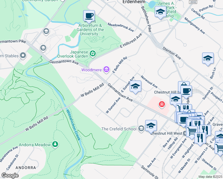 map of restaurants, bars, coffee shops, grocery stores, and more near 4 West Hampton Road in Philadelphia