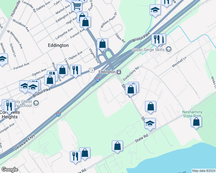 map of restaurants, bars, coffee shops, grocery stores, and more near 1426 Louis Drive in Bensalem