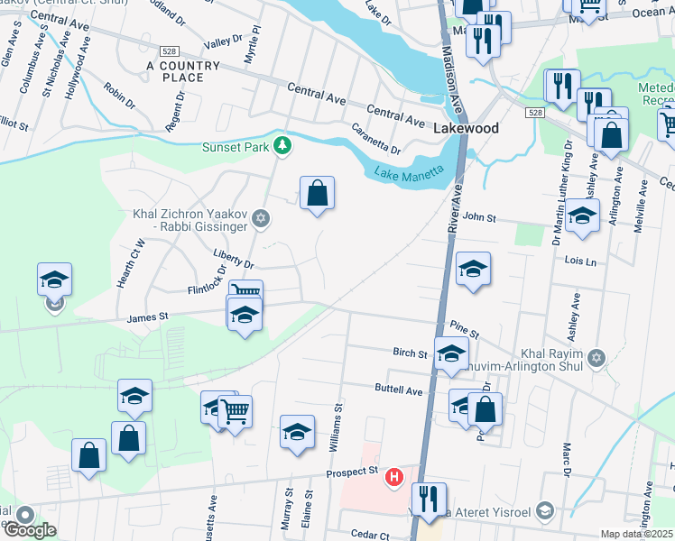 map of restaurants, bars, coffee shops, grocery stores, and more near 25 Commonwealth Drive in Lakewood