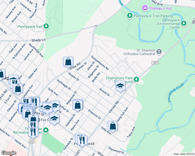 map of restaurants, bars, coffee shops, grocery stores, and more near 8503 Bridle Road in Philadelphia