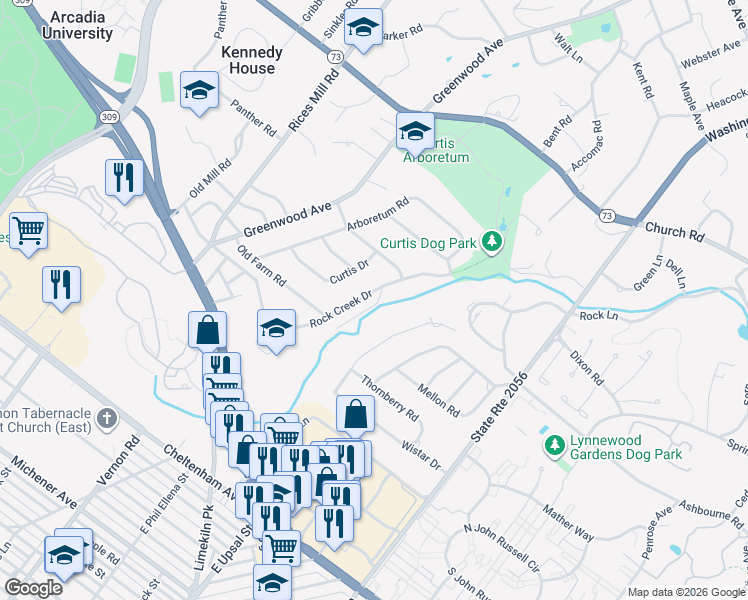 map of restaurants, bars, coffee shops, grocery stores, and more near 1102 Rock Creek Drive in Wyncote