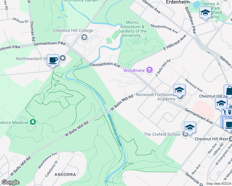 map of restaurants, bars, coffee shops, grocery stores, and more near 31 West Bells Mill Road in Philadelphia