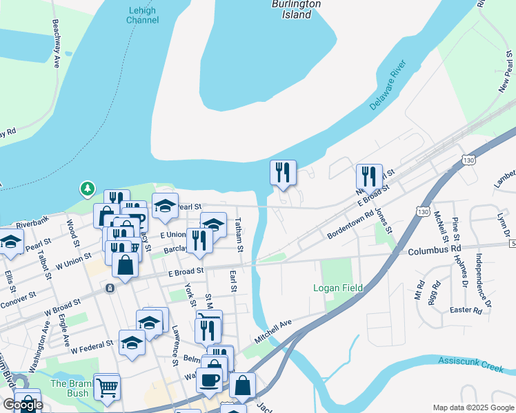 map of restaurants, bars, coffee shops, grocery stores, and more near 478 East Pearl Street in Burlington