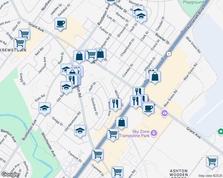 map of restaurants, bars, coffee shops, grocery stores, and more near 2222 Michener Street in Philadelphia