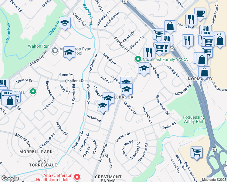 map of restaurants, bars, coffee shops, grocery stores, and more near 3829 Chalfont Drive in Philadelphia
