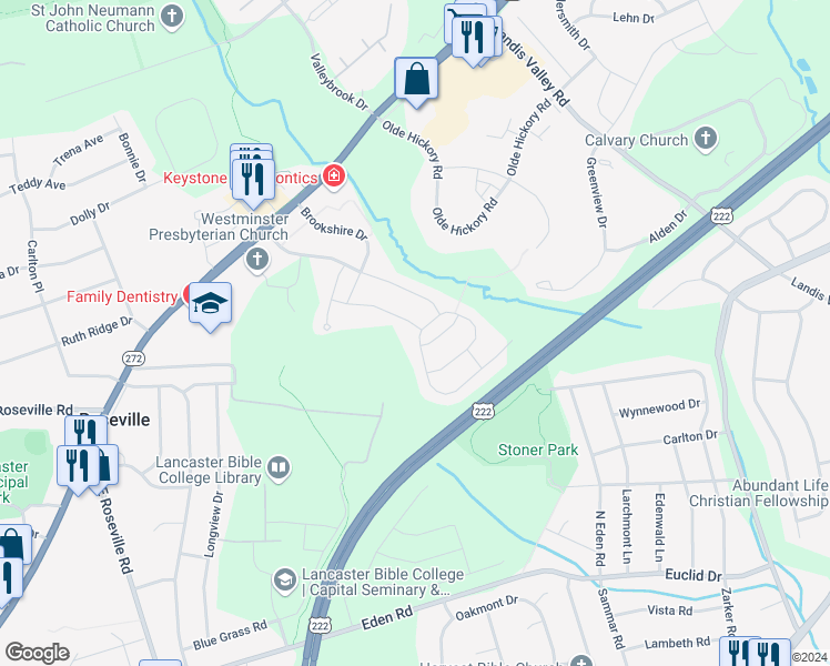 map of restaurants, bars, coffee shops, grocery stores, and more near 601 Kincaid Avenue in Lancaster