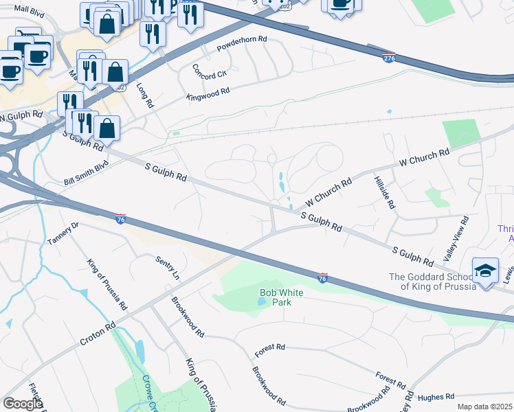 map of restaurants, bars, coffee shops, grocery stores, and more near 265 South Gulph Road in King of Prussia