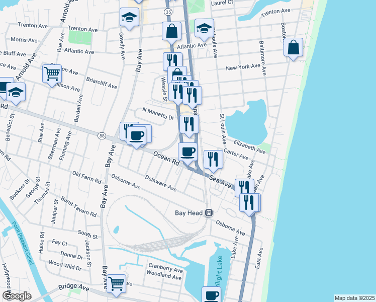 map of restaurants, bars, coffee shops, grocery stores, and more near 1606 New Jersey 35 in Point Pleasant Beach